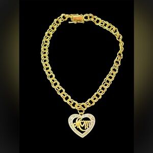 14k Yellow Gold Double Circle Link Heart Charm Bracelet For Mom Estate Jewelry